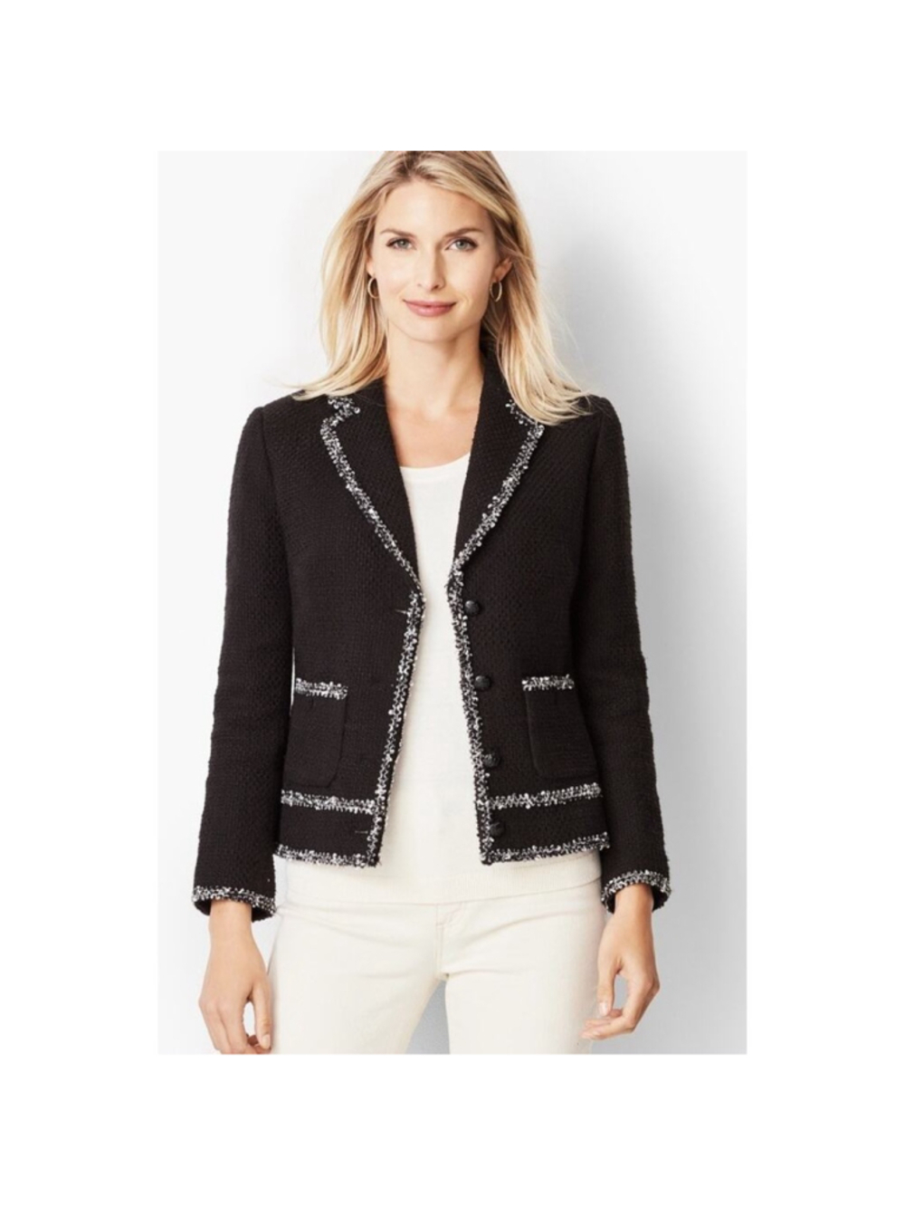 Talbots Textured Tweed Lady Jacket Fringe Office Luxe Classic Career Top 16